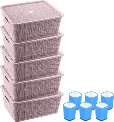 Selvel Polypropylene Storage Basket Combo with Lid Set of 5 and Glass Set of 6 Combo (Maroon, Blue) Storage Basket(Pack of 5)