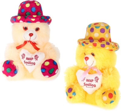Topgrow Soft Teddy Bear Cap Style with Heart Multicolour Cream.yellow Set of 2 (12 inch)  - 12 inch(Multicolor)