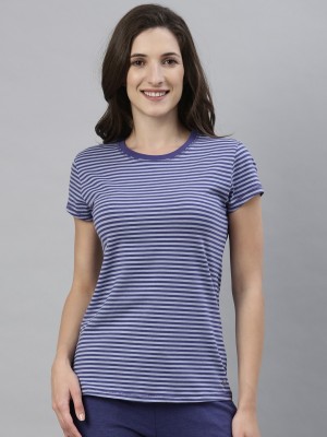 Enamor Striped Women Round Neck Blue T-Shirt