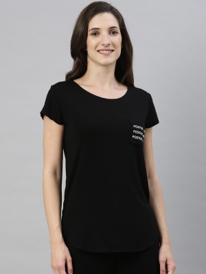 Enamor Solid Women Round Neck Black T-Shirt