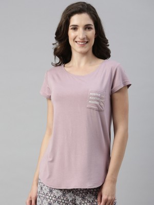 Enamor Solid Women Round Neck Purple T-Shirt