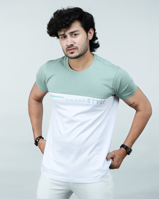 KIVOTEEZ Colorblock Men Round Neck Light Green, White T-Shirt