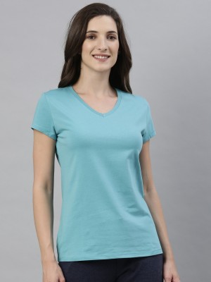 Enamor Solid Women V Neck Blue T-Shirt