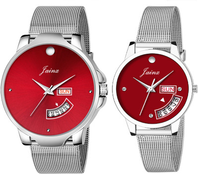 JAINX JC493 Dial Day & Date Function Red Dial Stainless Steel Mesh Chain Analog Watch  - For Couple