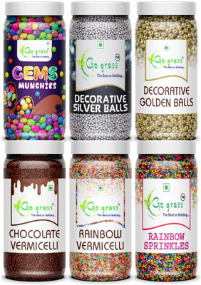 GO GRASS Combo Of Vermicelli |Golden + Silver Balls| Gems + Rainbow Balls / 80G EACH Sprinkles (480 G, Pack Of 6) For Rs. 296 @ 70 %