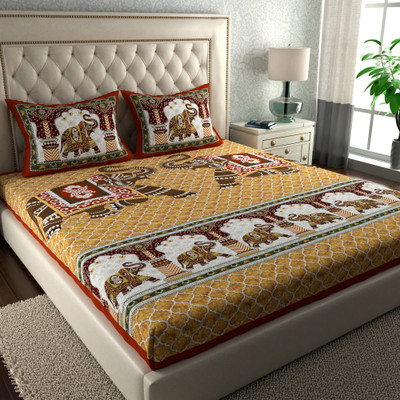 LA VERNE Cotton Double Flat 144 TC Jaipuri Prints Bedsheet(Pack of 1, Mustard)