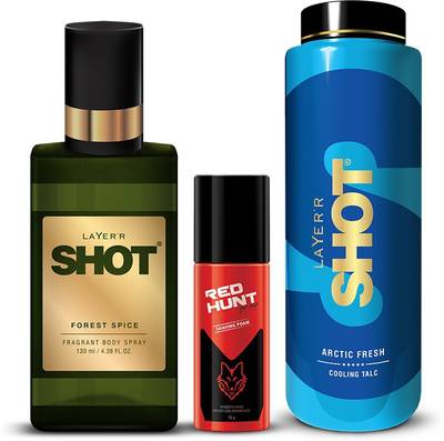 LAYER'R Shot Forest Spice Body Spray 130ml | Cooling Talc 100g | Red Hunt Shaving Foam 50ml for men (Pack of 3)