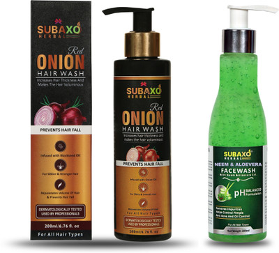 Subaxo Herbal Onion Hair Wash -Shampoo 200 ml And Herbal Neem & Aloevera Face Wash 200 ml(2 Items in the set)