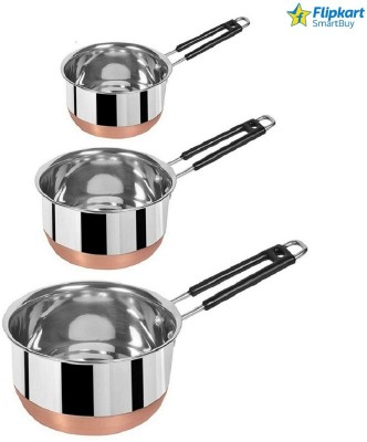 Flipkart SmartBuy Copper bottom Sauce Pan MILK PAN pcs 22 gauge COMBO SET Capacity 1, 1.5, 2 Liter Cookware Set(Stainless Steel, 3 - Piece)