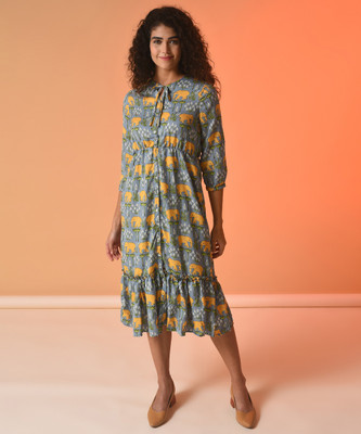 CAMPUS SUTRA Women Fit and Flare Green Below Knee Dress