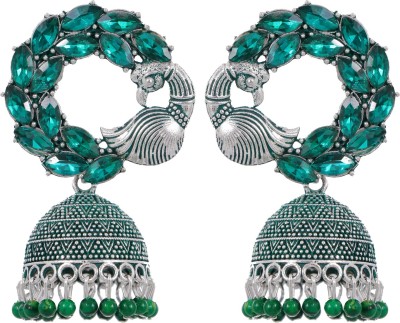 CRUNCHY FASHION Oxidised German Silver Peacock Theme Green Kundan Jhumki Earrings Alloy Jhumki Earring