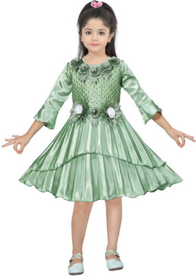 Samshil Fashion Girls Midi/Knee Length Party Dress(Green, 3/4 Sleeve)