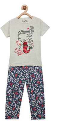 Fashion By Stacktrail Kids Nightwear Girls Printed Cotton Blend(Grey Pack of 1)
