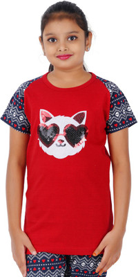 PRITHAKS Girls Printed Cotton Blend Regular T Shirt(Multicolor, Pack of 1)