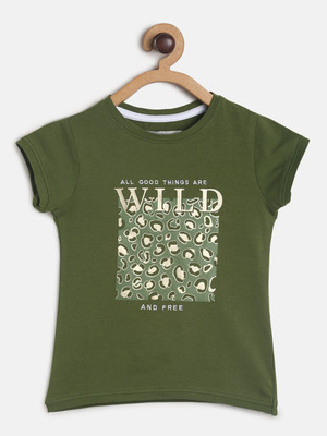 TALES & STORIES Baby Girls Typography, Printed Cotton Blend Regular T Shirt(Dark Green, Pack of 1)