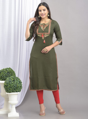 Clothy N Wave Women Embroidered Straight Kurta(Green)