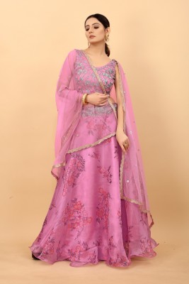 Goodsell Floral Print Semi Stitched Lehenga Choli(Pink)