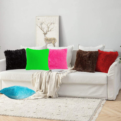 Cyuteenuts Square Cushion fur pillow Microfibre Solid Cushion Pack of 6(Black Green Pink Brown Red Skyblue)
