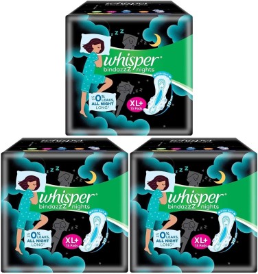 Whisper bindazzZ nights XL+ ( 15+15+15 pads ) All night Sanitary Pad  (Pack of 3)