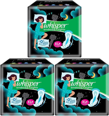 Whisper bindazzZ nights XL+ ( 15+15+15 pads ) All night Sanitary Pad (Pack of 3)