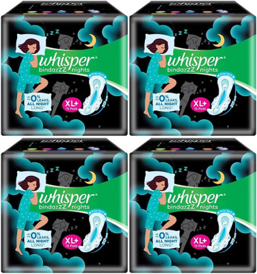 Whisper bindazzZ nights XL+ ( 15+15+15+15 pads ) All night Sanitary Pad (Pack of 4)