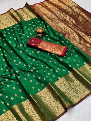 Pionex Woven Kanjivaram Jacquard, Pure Silk Saree(Dark Green)