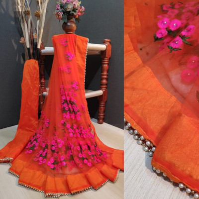 RE Renny Enterprise Embroidered Bollywood Net Saree(Orange)