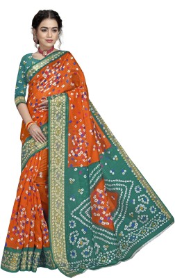RekhaManiyar Printed Bandhani Cotton Linen Saree(Orange)