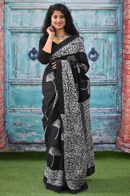 Clothonus Printed, Self Design, Hand Painted, Blocked Printed, Graphic Print Ikkat Pure Cotton Saree(Black)