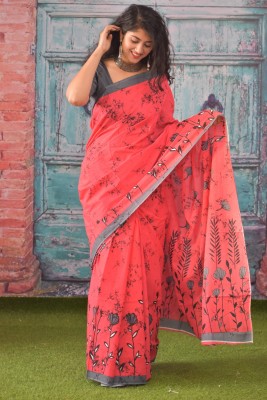 Kiaaron Hand Painted, Printed, Self Design, Blocked Printed Hand Batik Pure Cotton Saree(Pink)