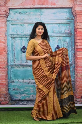 Kiaaron Hand Painted, Printed, Self Design, Blocked Printed Daily Wear Pure Cotton Saree(Brown)