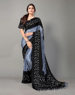 Samah Printed, Geometric Print, Embellished Bandhani Silk Blend Saree(Black, Grey)