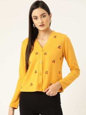 KASSUALLY Printed V Neck Casual Women Yellow Sweater