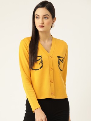 KASSUALLY Solid V Neck Casual Women Yellow Sweater