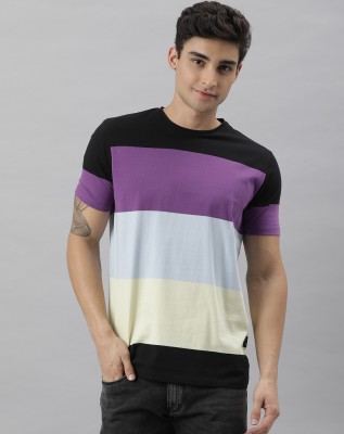 RARE RABBIT Striped Men Round Neck Black T-Shirt