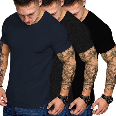 THE BLAZZE Solid Men Round Neck Black, Grey, Navy Blue T-Shirt