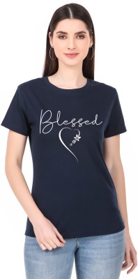 SHIRERAMEXPORTS Typography Women Round Neck Navy Blue T-Shirt