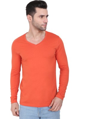 beUNIQ Solid Men V Neck Orange T-Shirt