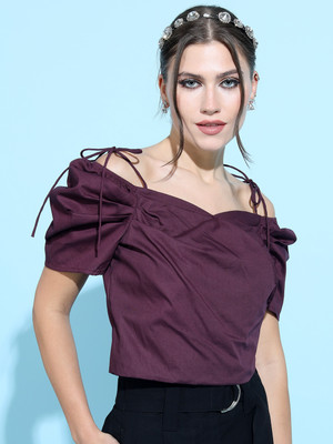 Tokyo Talkies Casual Solid Women Maroon Top