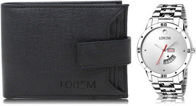 LOREM Watch & Wallet Combo(Black, Silver)