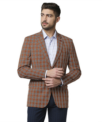 Raymond Checkered Single Breasted Formal Men Blazer(Orange)