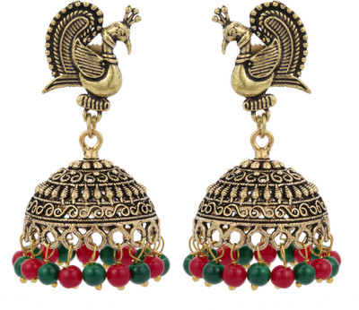 V L IMPEX Bollywood Fashion Gold Tone Maroon & Green Color Designer Brass Jhumki Earring