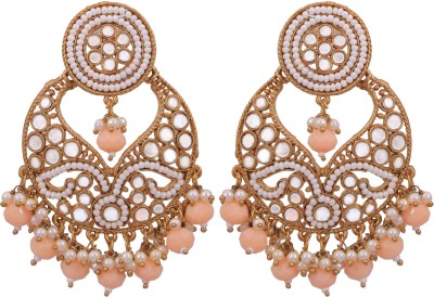 CRUNCHY FASHION Gold-Plated Concentric Texture Stone Design Peach Pearl Dangler Earrings Alloy Drops & Danglers