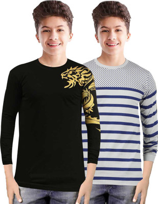 JUGULAR Boys Striped Pure Cotton Regular T Shirt(Multicolor, Pack of 2)