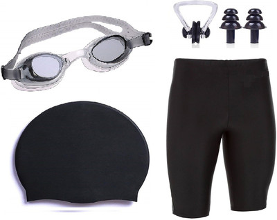 THE MORNING PLAY MEN SWIMMING JAMMER BLACK FREE SIZE (28in-34in) GOGGLE CAP 2 EARPLUG NOSECLIP Swimming Kit