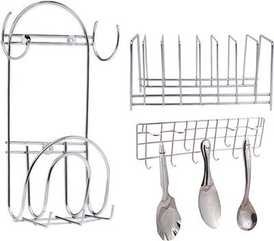 JISUN Utensil Kitchen Rack Steel Plate Stand / Dish Rack & Chakla Belan Stand & Wall Mounted Ladle Hook Rail