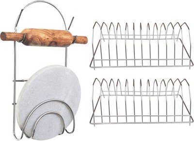 OC9 Utensil Kitchen Rack Steel Big Plate Stand / Dish Rack (Pack of 2) & Chakla Belan Stand