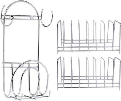 OC9 Utensil Kitchen Rack Steel Plate Stand / Dish Rack (Pack of 2) & Chakla Belan Stand With Hook