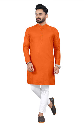 ravendra creation Men Solid Straight Kurta(Orange)