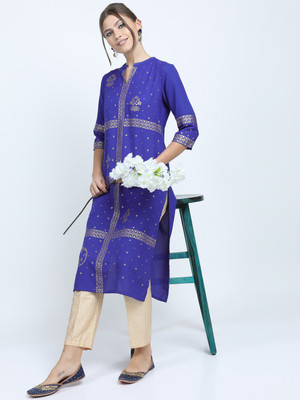 Vishudh Women Printed Straight Kurta(Blue)